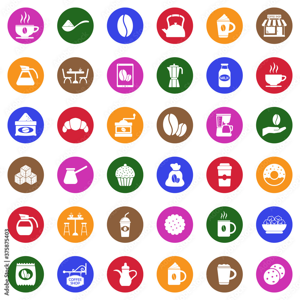 Coffee Icons. White Flat Design In Circle. Vector Illustration. Coffee Icons. White Flat Design In Circle. Vector Illustration.