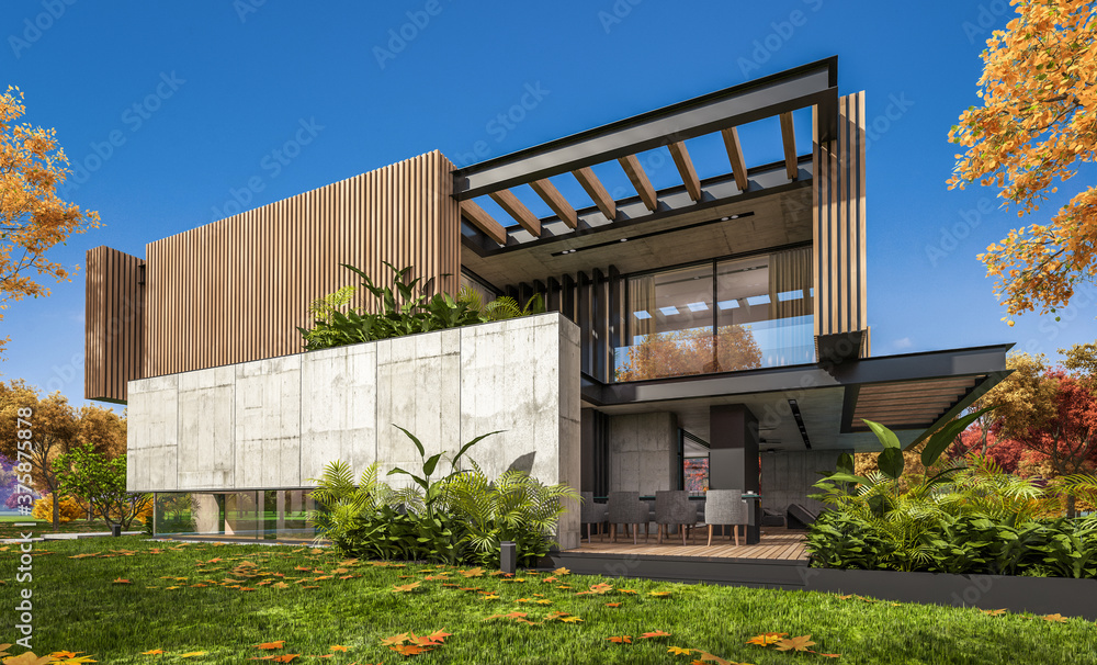 3d rendering of modern cozy house with parking and pool for sale or rent with wood plank facade and beautiful landscaping on background. Clear sunny autumn day with golden leaves anywhere. 3d rendering of modern cozy house with parking and pool for sale or rent with wood plank facade and beautiful landscaping on background. Clear sunny autumn day with golden leaves anywhere.