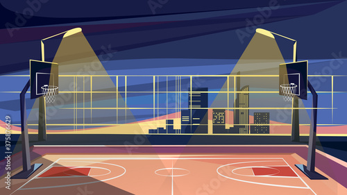 Basketball court on background of skyscrapers. Outdoor sports ground.