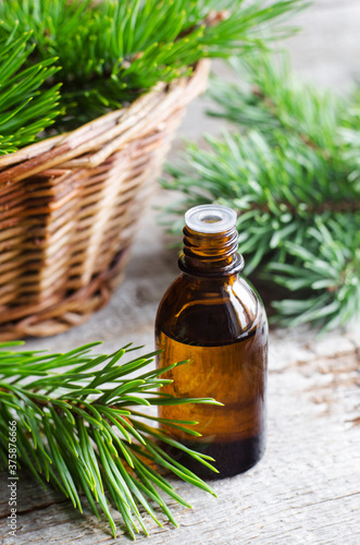 Pharmacy bottle with essential pine oil (extract, tincture, infusion). Old wooden background. Aromatherapy, spa and herbal medicine concept. Copy space.