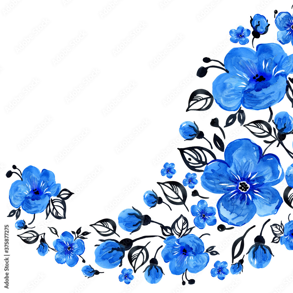 watercolor blue flowers with leaves and buds