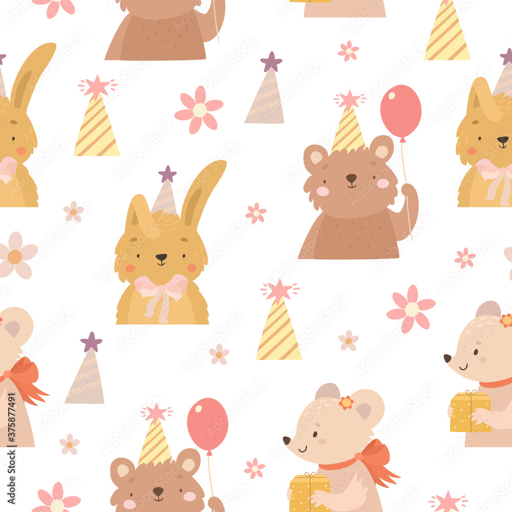 Obraz premium cute vector pattern birthday cute bear, adorable hare, background for kids. fluffy babies