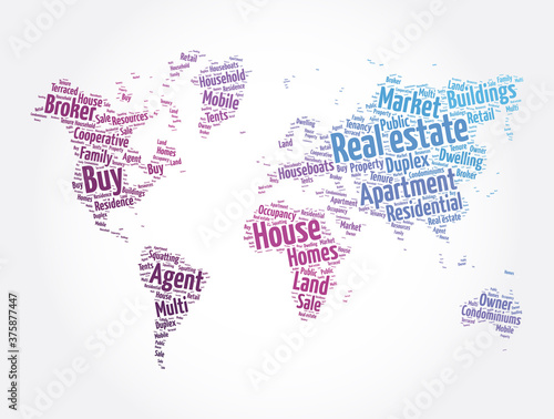 Real estate word cloud in shape of world map, business concept background