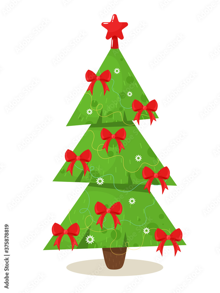 Christmas tree stylized with red bows. Vector illustration in cartoon flat style. Christmas tree stylized with red bows. Vector illustration in cartoon flat style.