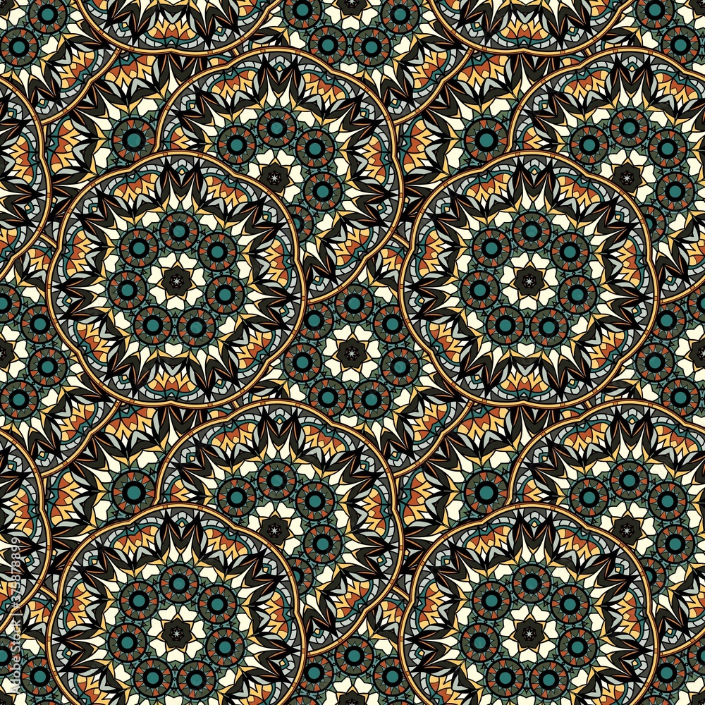 Seamless repeating pattern of colored mandalas