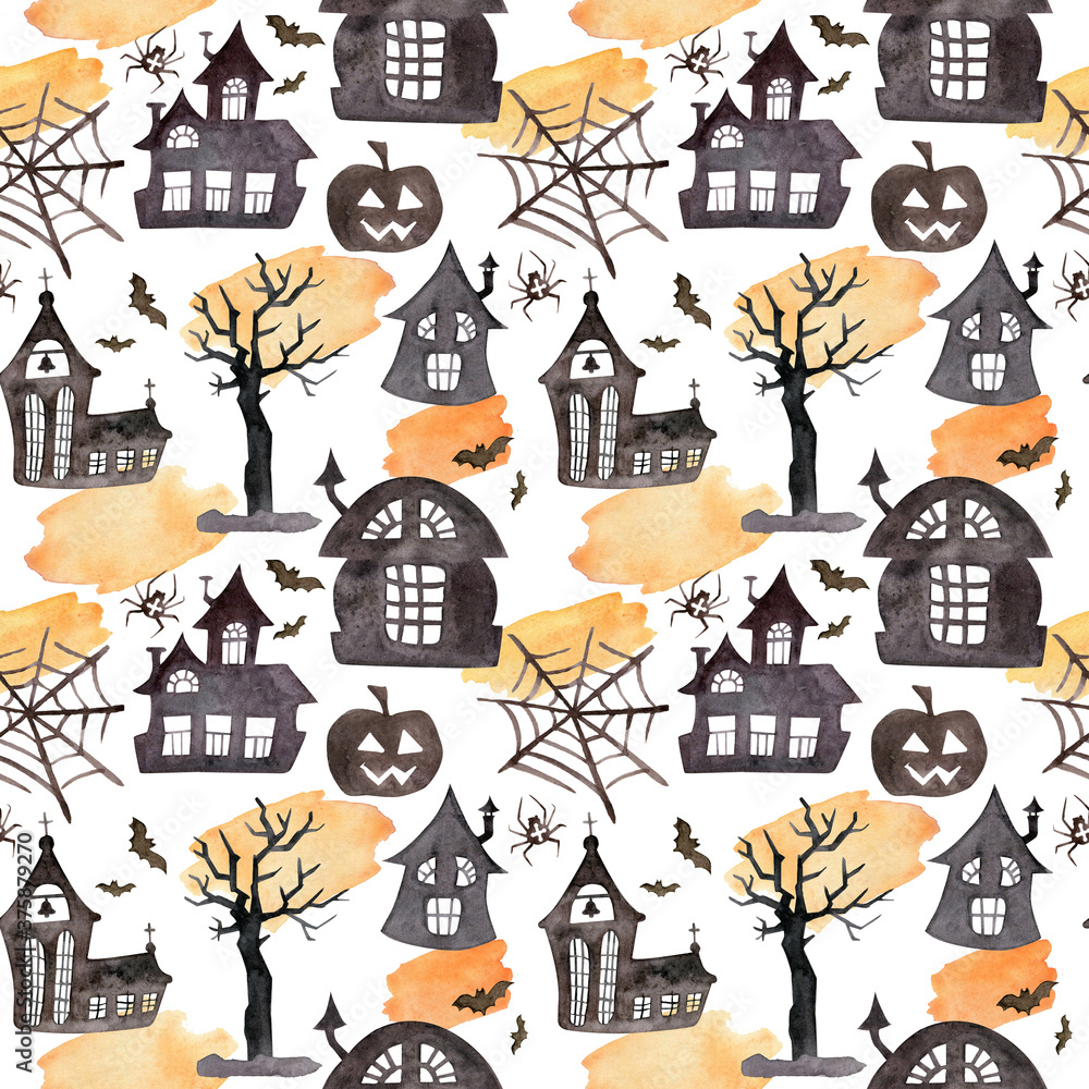 Watercolor Halloween pattern with black silhouettes of houses, tree,bats,pumpkin.Creepy village. Black and orange colors.Wallpaper, wrapping paper design Watercolor Halloween pattern with black silhouettes of houses, tree,bats,pumpkin.Creepy village. Black and orange colors.Wallpaper, wrapping paper design
