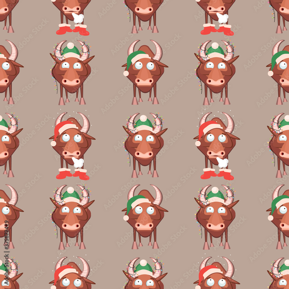 Seamless pattern for Happy Chinese new year 2021 - funny bulls. illustration. Great for wrapping paper, textile, wrapping paper.