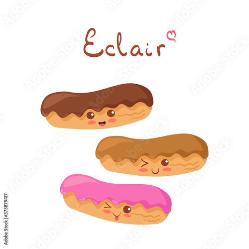 Kawaii Eclairs vector characters isolated on white background. Smiling Chocolate, Caramel & strawberry Eclair. Cute food mascot illustration with lettering. Funny card, fabric print, menu decoration.