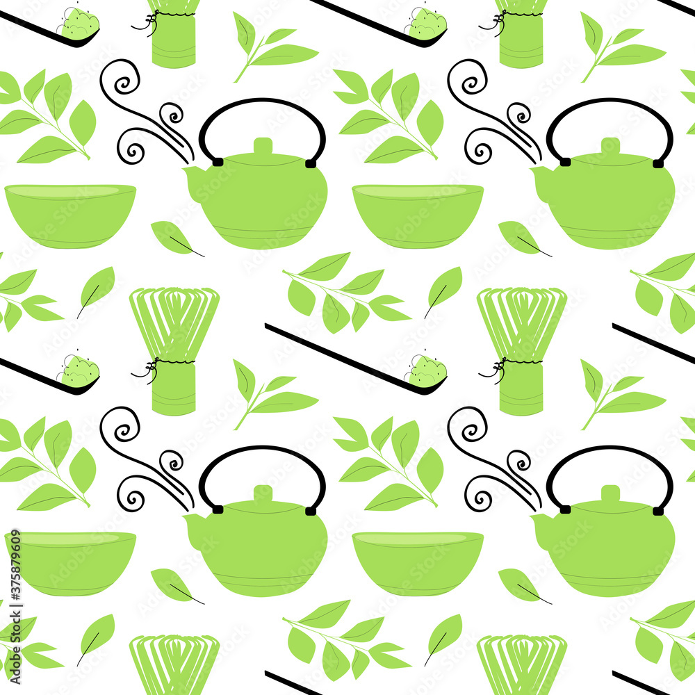 Seamless vector pattern with green and black simple tea set elements:bamboo whisk ,cup,  tea leaves,teapot.Ornament japanese matcha tea for your design