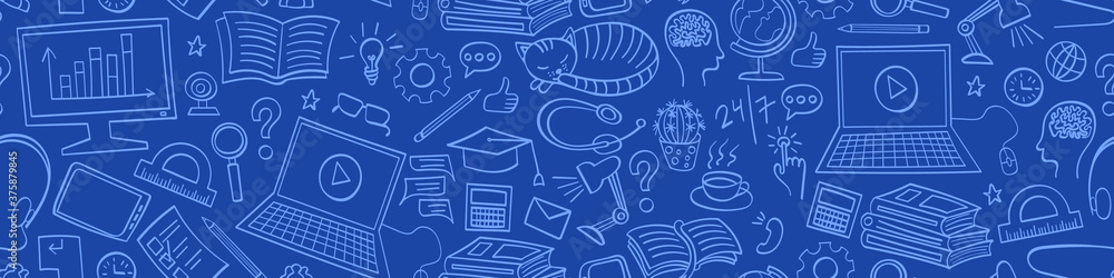 Online education seamless horizontal border. Internet learning doodles on blue background. Vector illustration.