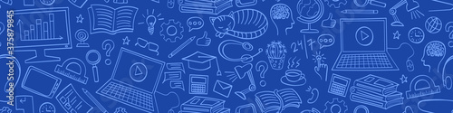 Online education seamless horizontal border. Internet learning doodles on blue background. Vector illustration.
