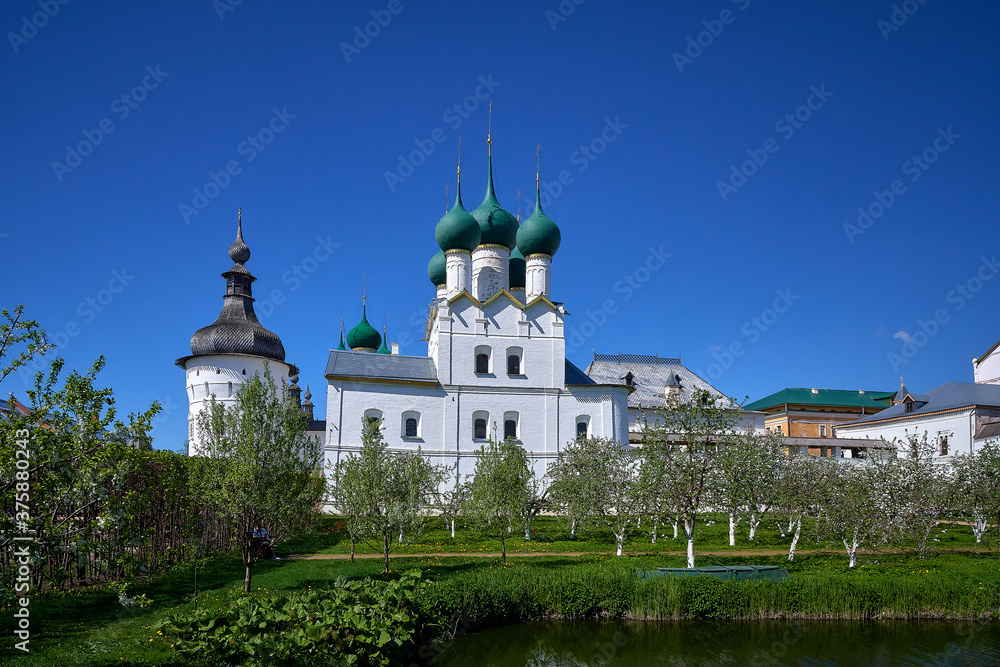 Garden with a pond in a orthodox monastery, Rostov, Russia