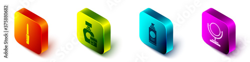 Set Isometric Nail file, Cream or lotion cosmetic tube, Spray can for hairspray and Round makeup mirror icon. Vector.