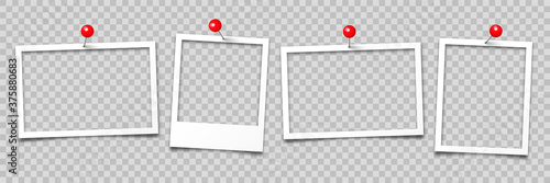 Realistic empty photo card frame, film set. Retro vintage photograph with push pin. Digital snapshot image. Template or mockup for design. Vector illustration.