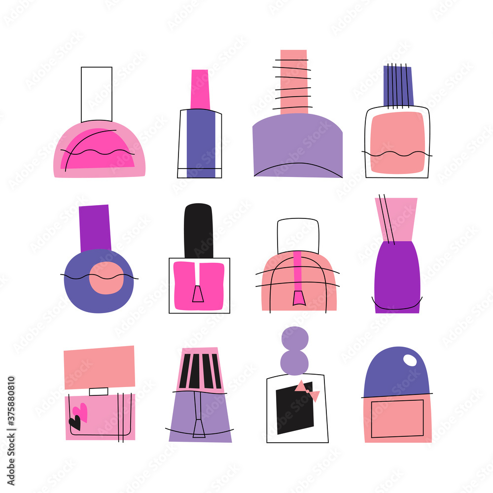 Manicure pedicure doodle nail polish set. Nail studio, salon banner. Beauty vector illustration. Manicure pedicure doodle nail polish set. Nail studio, salon banner. Beauty vector illustration.