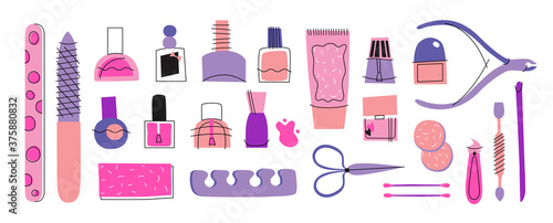 Big manicure pedicure tools doodle set. Nail studio, salon banner. Beauty vector illustration.