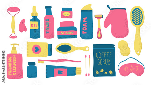 Big beauty essentials doodle style vector set. Skin and body care tools, face cream,oil, serum, cleanser, razor and foam, scrub, massage brush, shampoo.