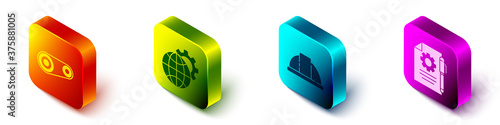 Set Isometric Timing belt kit, Globe of the Earth and gear, Worker safety helmet and Document settings and pen icon. Vector.