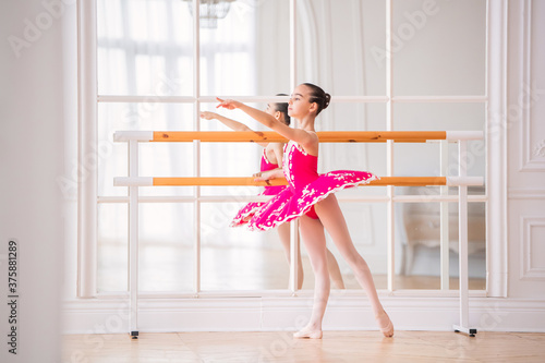 little ballerina in a bright pink tutu is engaged in a ballet barre in front of a mirror in a beautiful white hall