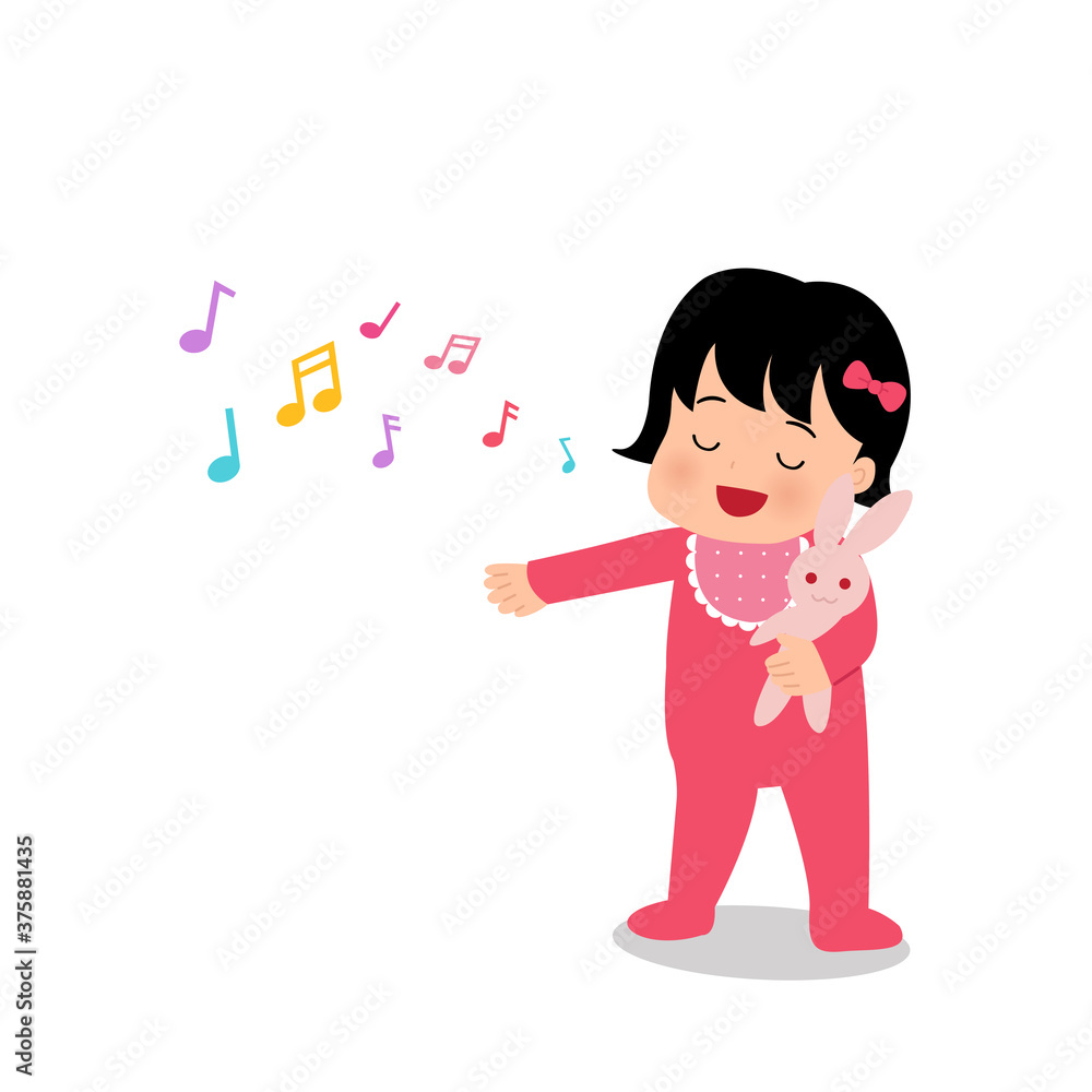 Asian baby girl singing while holding a puppet. Toddler nursery song. Parenting kindergarten clip art. Flat vector isolated on white background Asian baby girl singing while holding a puppet. Toddler nursery song. Parenting kindergarten clip art. Flat vector isolated on white background