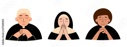 Praying priest and nun color avatar vector set