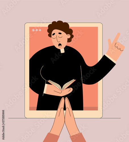 Online church.Church service on video conference. Pastor preaching with laptop vector illustration.