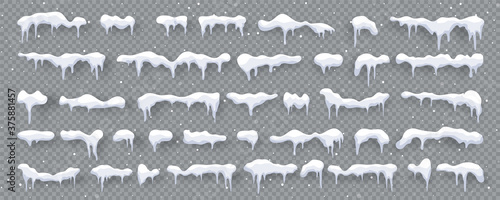 Snow, ice caps isolated on transparent background. Snowfall with snowflakes. Winter season. Christmas card design element. Vector illustration.