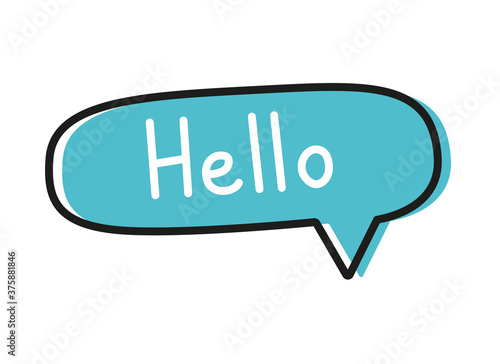 Hello. Handwritten lettering illustration. Black vector text in a blue neon speech bubble. 
