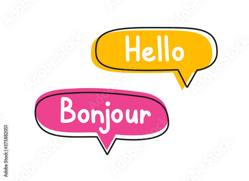 Hello bonjour. Handwritten lettering illustration. Black vector text in pink and yellow neon speech bubbles. 