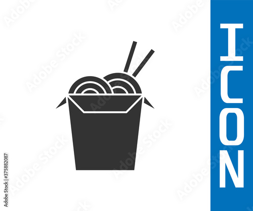 Grey Asian noodles in paper box and chopsticks icon isolated on white background. Street fast food. Korean, Japanese, Chinese food. Vector Illustration.