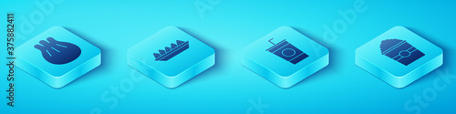 Set Isometric Khinkali on cutting board, Nachos in plate, Popcorn in box and Paper glass with straw icon. Vector.