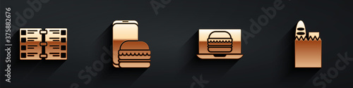 Set Restaurant cafe menu, Online ordering and delivery, Online ordering burger delivery and Shopping bag and food icon with long shadow. Vector.