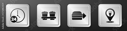 Set Clock 24 hours, Coffee cup to go, Online ordering burger delivery and Cafe and restaurant location icon. Silver square button. Vector.