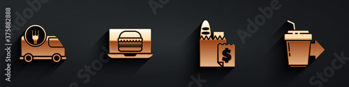 Set Fast delivery by car, Online ordering burger delivery, Online ordering and delivery and Coffee cup to go icon with long shadow. Vector.