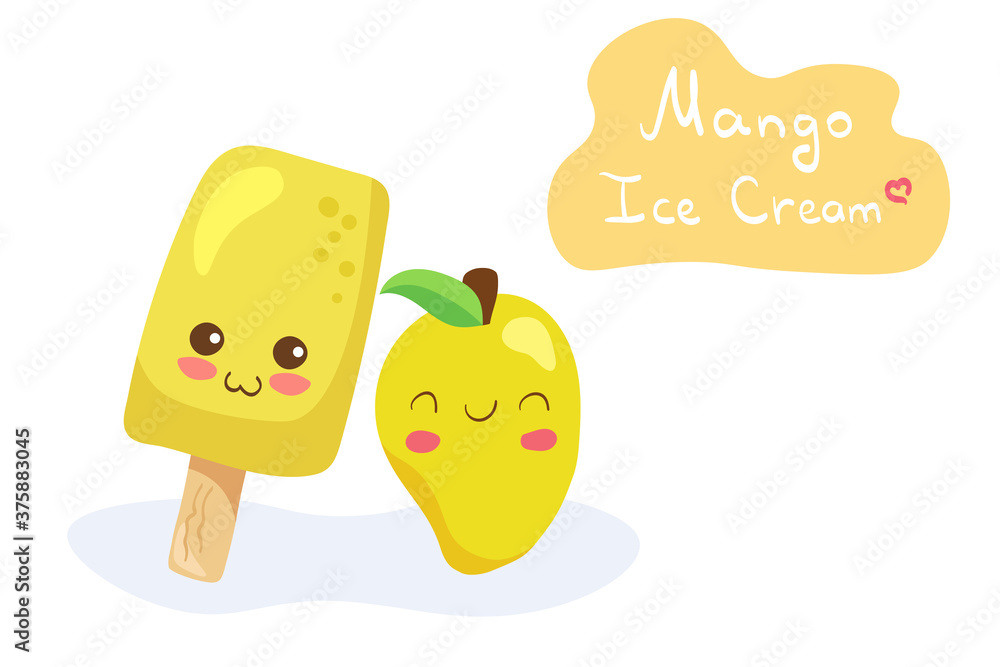 Kawaii Mango Ice Cream & Fruit vector characters isolated on white background. Funny & smiling tropical dessert. Cute food mascot illustration with hand drawn lettering. Invitation, menu design. Kawaii Mango Ice Cream & Fruit vector characters isolated on white background. Funny & smiling tropical dessert. Cute food mascot illustration with hand drawn lettering. Invitation, menu design.