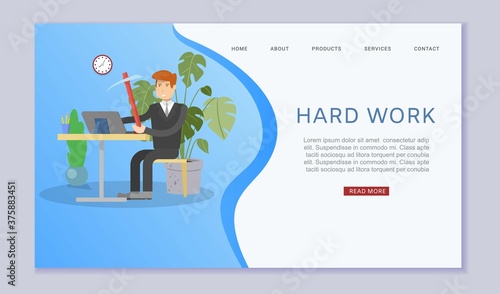 Hard work, inscription web banner, home business concept, businessman businessman, design cartoon style vector illustration. Man at office onlain, computer on desk, working space, overwork from load.