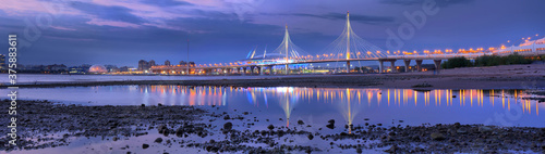 Panorama of the Western high-Speed Diameter and cable-stayed bridge in Saint Petersburg
