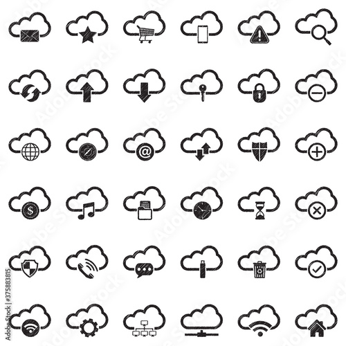 Computer Cloud Icons. Black Scribble Design. Vector Illustration.