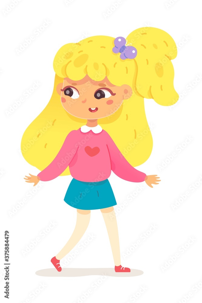 Adorable little girl walking. Small cute child smiles. Happy beautiful school student standing. Smart creative teenager playing outdoor. Young people vector illustration Adorable little girl walking. Small cute child smiles. Happy beautiful school student standing. Smart creative teenager playing outdoor. Young people vector illustration