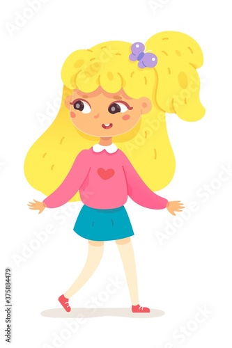 Adorable little girl walking. Small cute child smiles. Happy beautiful school student standing. Smart creative teenager playing outdoor. Young people vector illustration