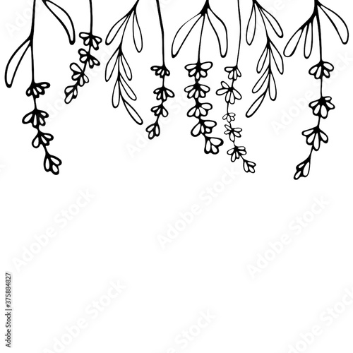 Lavender flowers frame. Hand drawn botanical vector border for your design. Logo and branding. Outline.