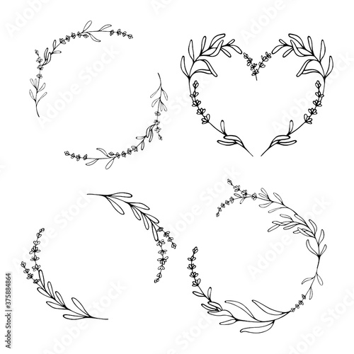 Set of Lavender flowers frames. Hand drawn wreaths. Botanical vector borders for your design. Logo and branding. Outline.