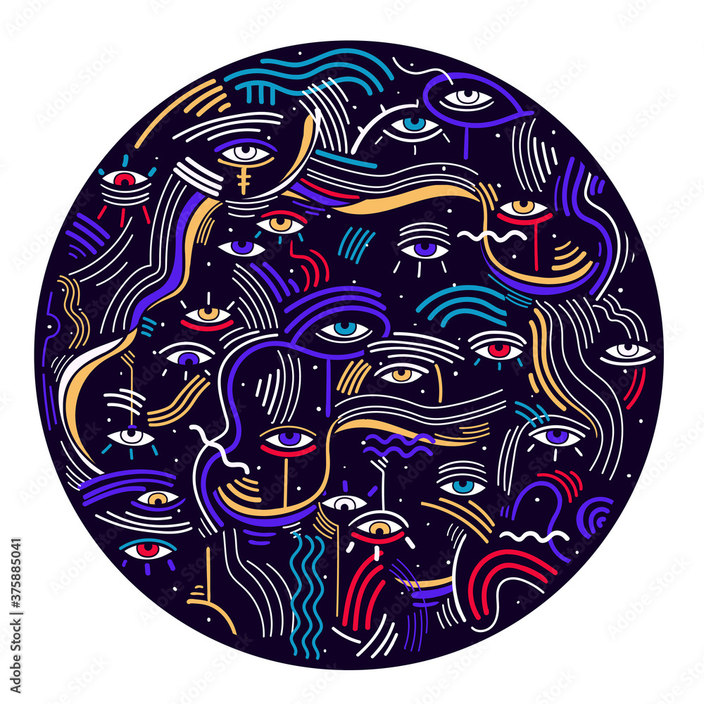 Modern doodle psychedelic fashion eyes abstract round composition in minimalist Memphis style with eyes. Modern doodle psychedelic fashion eyes abstract round composition in minimalist Memphis style with eyes.