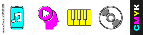 Set Music player, Head people with play button, Music synthesizer and CD or DVD disk icon. Vector.