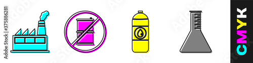 Set Oil industrial factory building, No barrel for gasoline, Canister for motor machine oil and Oil petrol test tube icon. Vector.