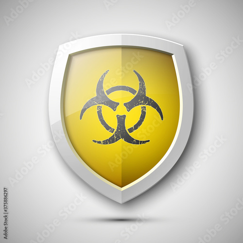 Protection shield with the sign of biological contamination concept. Safety biohazard badge icon. Privacy banner. Security label. Defense tag. Presentation gas attack sticker shape. Defense sign