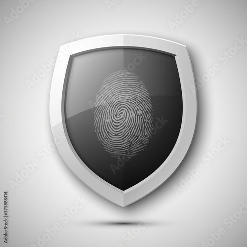 Protection shield encoded fingerprint icon. Safety finger scan concept badge. Privacy banner. Security label. Defense tag. Presentation sticker shape. Biometric identification systems of human