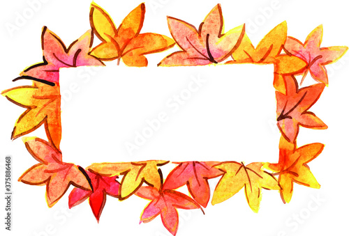 Yellow, red and orange maple leaves on rectangle frame watercolor hand painting decoration on Autumn season events.
