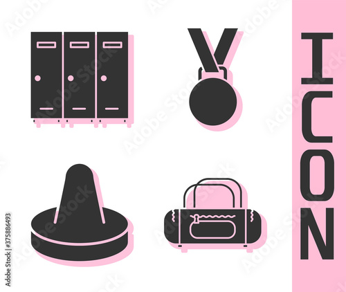 Set Sport bag, Locker or changing room, Mallet for playing air hockey and Medal icon. Vector.