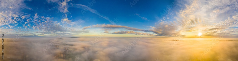 360 panorama of dawn in the fog. seamless background. aerial photo.